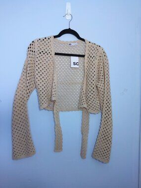 Boho Crochet Cropped Sweater Beige Open Knit Festival Fairy Bell Sleeves Small